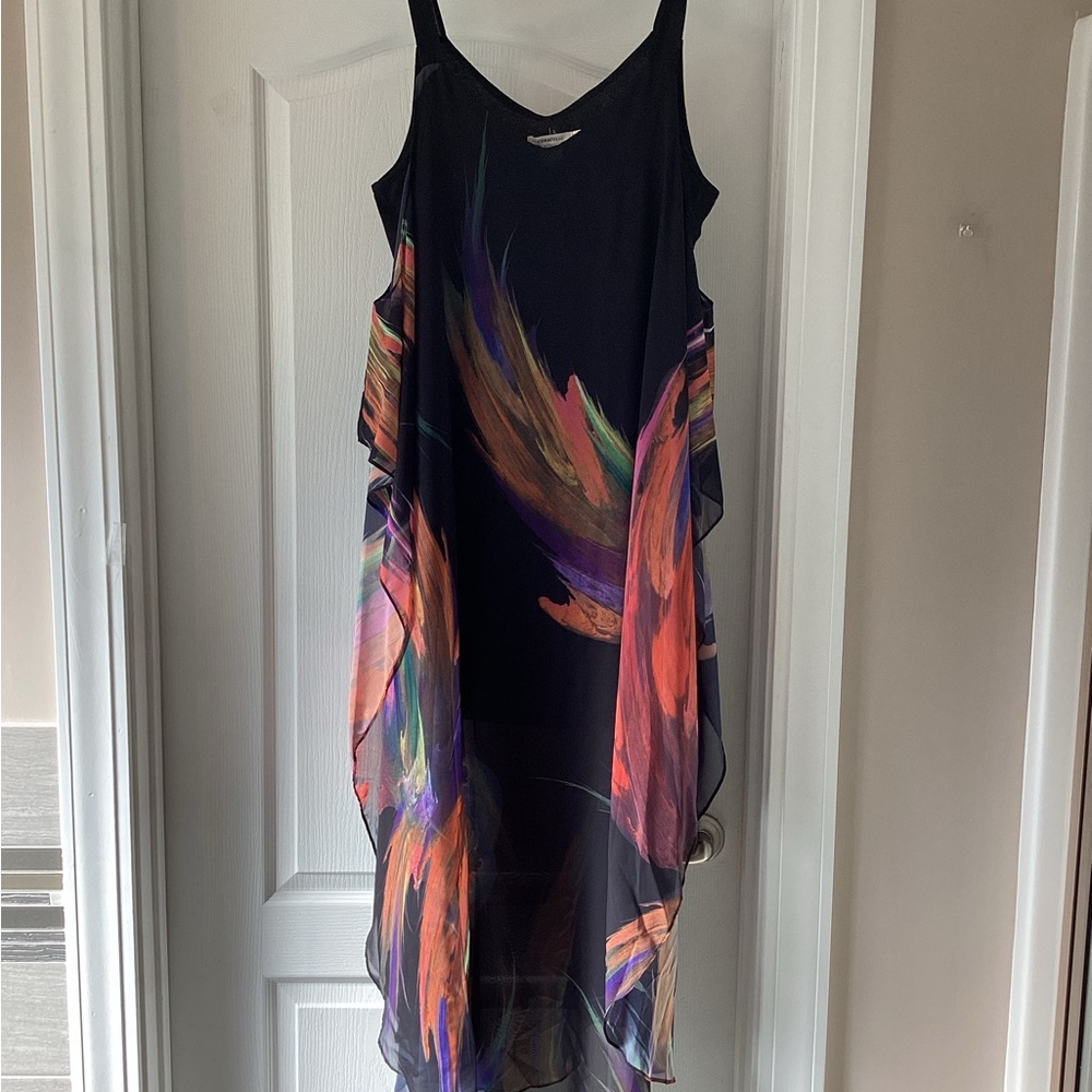 Chiffon Black and Multicolor High Low Dress (Size: Large)